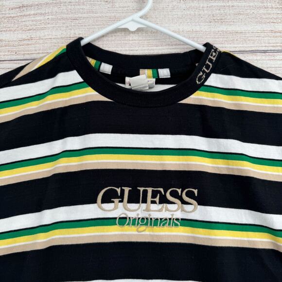 Guess Retro Striped Embroidered T-Shirt Men's Size Medium Black/Yellow/Green - Picture 3 of 14